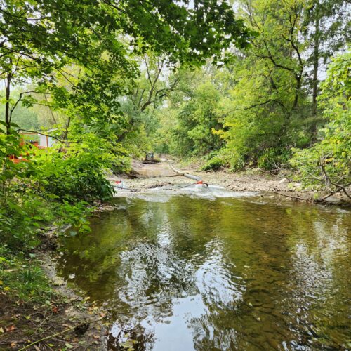 Walton Village's West Brook stream well bank stabilization project during construction. Image shows water being diverted from stream work area during project.