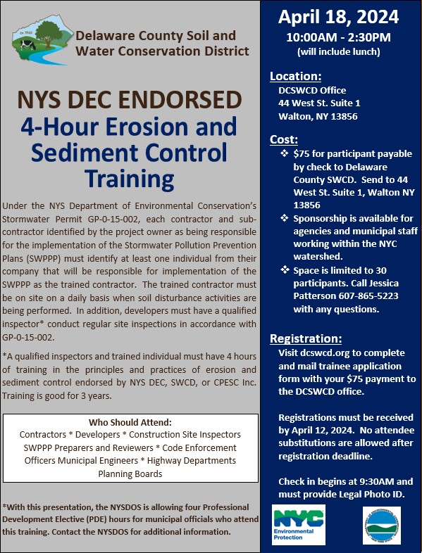 Poster with information about NYS DEC Endorsed 4-Hour Erosion and Sediment Control Training.