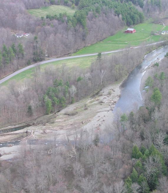 Drone view of river valley.