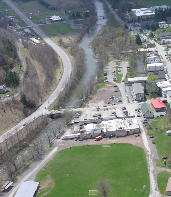 Drone view Village of Margaretville, NY and East Branch of the Delaware River.