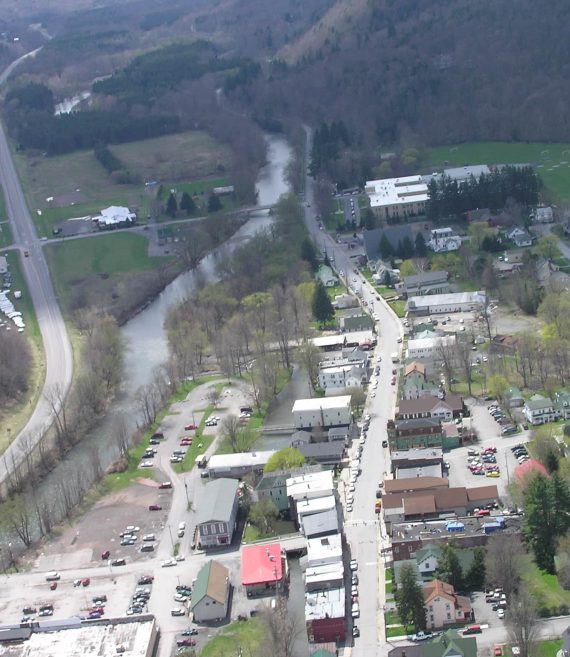 Drone view Village of Margaretville, NY and East Branch of the Delaware River.